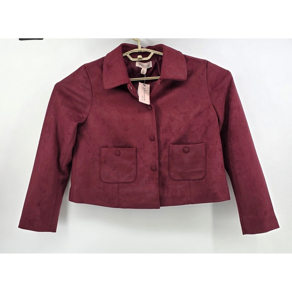 Philosophy Women Size S Small Malbec Burgundy Faux Suede Cropped Jacket Coat NWT